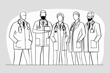 Sketch Diverse group medics or health workers standing in line wearing uniforms and face masks during the Covid-19 pandemic in vector illustration.のイラスト素材