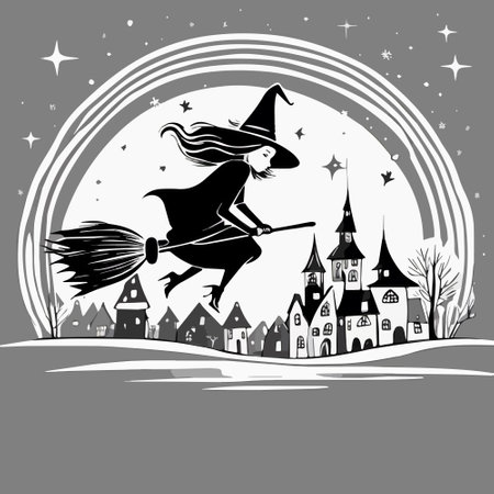 Vector illustration of a wich riding broom at full moon over a city in the skyのイラスト素材