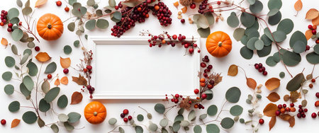 Thanksgiving day or Halloween concept banner. Top view white background decor from pumpkin, red berry, green leaves with copy space. autumn and fall season background.の素材