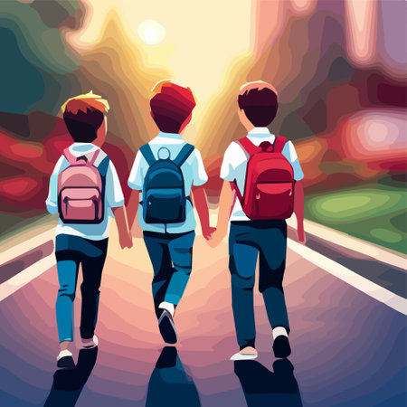 Back to school vector illustration background. Happy little boy and girl is going to school for the first time. They hold hands. Children with backpacks walk along the roadのイラスト素材