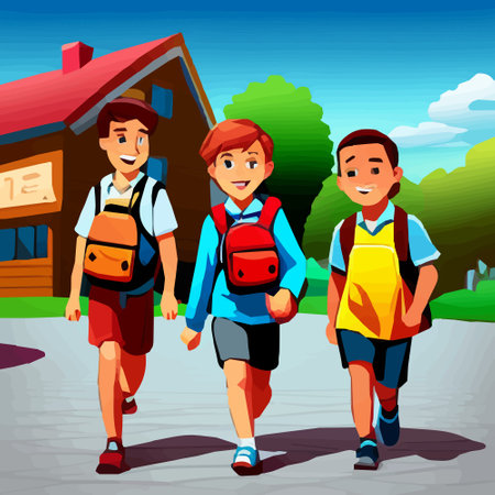 Back to school, schoolchildren with backpacks are walking along the road. vector illustrationのイラスト素材