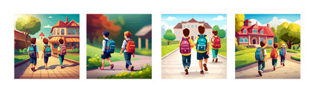 Back to school vector illustration. Little girl, boy go to school building, back view. Green landscape with construction, way, plants, trees.のイラスト素材