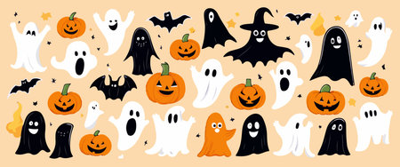 Ghosts Halloween Cartoon with pumpkins on color background, vector illustrationのイラスト素材