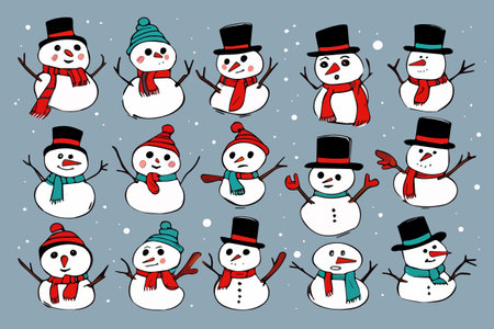 cute cartoon christmas snowmen set isolated on colored background vector illustrationのイラスト素材