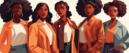 Happy womens day card with women of different ethnicities and cultures stand side by side together. Strong and brave girls support each other. Sisterhood and female friendship. Vectorのイラスト素材
