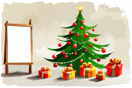 Christmas tree with toys and gifts decorate interior. Empty stucco wall mock up. Watercolor vector illustration.のイラスト素材