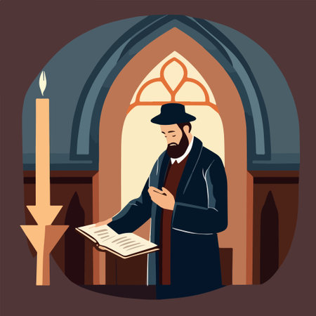 Religious Jew reads Torah in synagogue. Vector illustration, Jewish holidays conceptのイラスト素材
