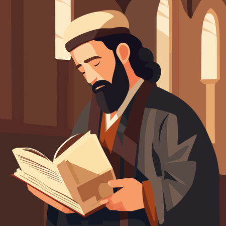 Cartoon jew character composition with flat images of synagogue temple indoor interior with rabbi human character vector illustration, jewish holidays conceptのイラスト素材