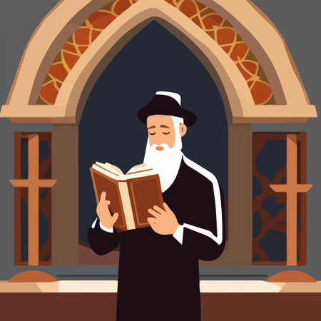 Religious Jew reads Torah in synagogue. Vector illustration, Jewish holidays conceptのイラスト素材