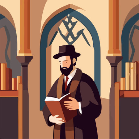 Religious Jew reads Torah in synagogue. Vector illustration, Jewish holidays conceptのイラスト素材