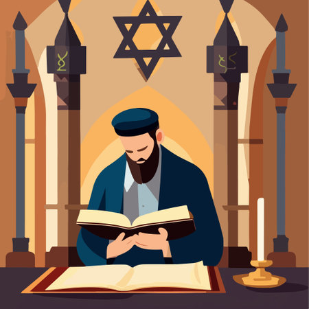 Religious Jew reads Torah in synagogue. Vector illustration, Jewish holidays conceptのイラスト素材
