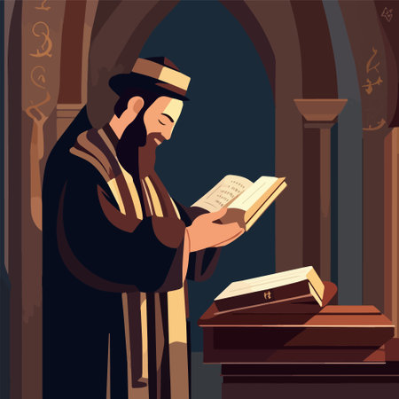 Religious Jew reads Torah in synagogue. Vector illustration, Jewish holidays conceptのイラスト素材