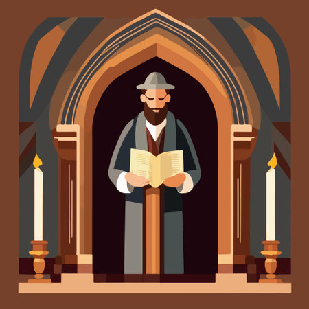 Cartoon jew character composition with flat images of synagogue temple indoor interior with rabbi human character vector illustration, jewish holidays conceptのイラスト素材