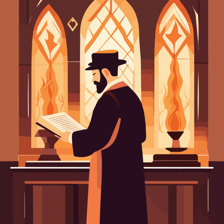 Religious Jew reads Torah in synagogue. Vector illustration, Jewish holidays conceptのイラスト素材