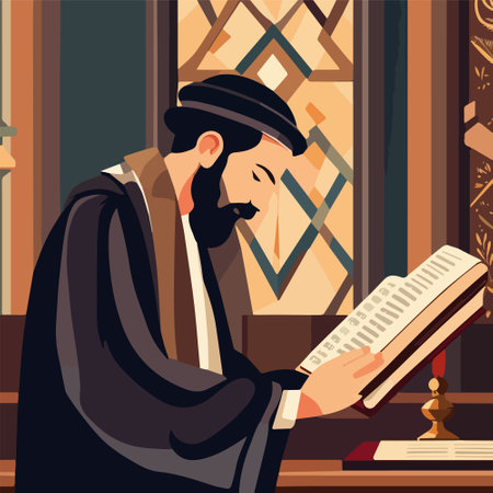 Cartoon jew character composition with flat images of synagogue temple indoor interior with rabbi human character vector illustration, jewish holidays conceptのイラスト素材