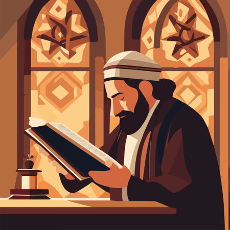 Religious Jew reads Torah in synagogue. Vector illustration, Jewish holidays conceptのイラスト素材
