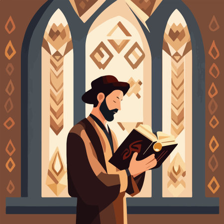Religious Jew reads Torah in synagogue. Vector illustration, Jewish holidays conceptのイラスト素材