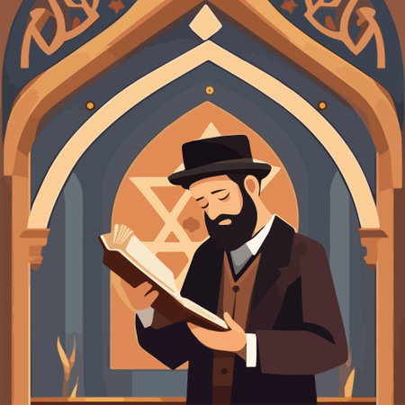 Cartoon jew character composition with flat images of synagogue temple indoor interior with rabbi human character vector illustration, jewish holidays conceptのイラスト素材
