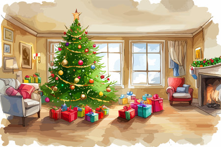 Watercolor card Christmas Tree and Gift Boxes in the festive room Vector Illustrationのイラスト素材