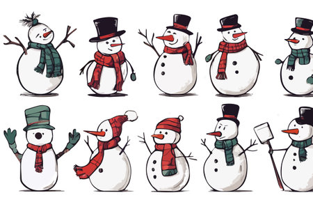 Cheerful cute happy snowmen in cap and scarf set. sketch hand drawn vector illustration isolated on white background. Vector illustrationのイラスト素材