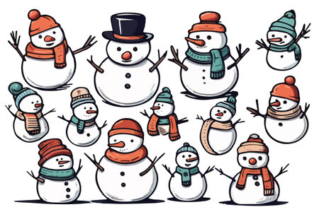 Cheerful cute happy snowmen in cap and scarf set. sketch hand drawn vector illustration isolated on white background. Vector illustrationのイラスト素材
