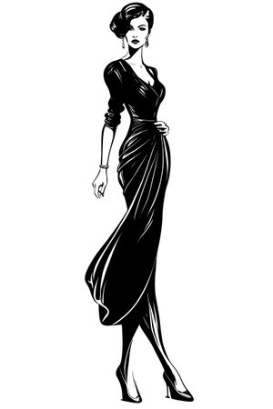 Fashion sketch of model dresses. stylish long dresses on the young slim model. Beautiful woman silhouetteのイラスト素材