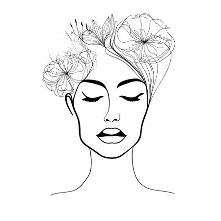 sketch portrait woman flowers in hair and face. line art in elegant style. beautiful vector illustrationのイラスト素材