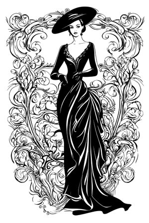 Model sketch silhouette in beautiful dress. fashion illustrationのイラスト素材