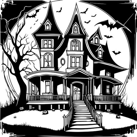 Halloween Scary house sketch with tree and bats Hand Drawn Sketch Vector background. illustration for your design.のイラスト素材