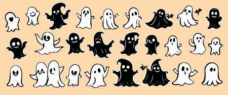 Halloween set funny ghosts with pumpkins on color background, vector illustrationのイラスト素材