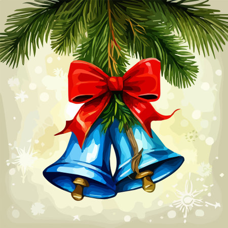 Vector Christmas Background with Two Bells and red bow, vector illustration. Vector illustrationのイラスト素材