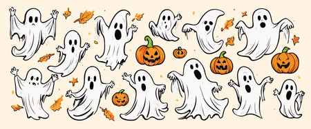 Halloween set funny ghosts with pumpkins on color background, vector illustrationのイラスト素材