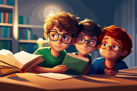 Children read in library vector illustration. Kids study in atheneum. Clever young boys with glasses read books. Schoolchildren self education. Public room with bookshelves. Wisdom Friends Literatureの写真素材