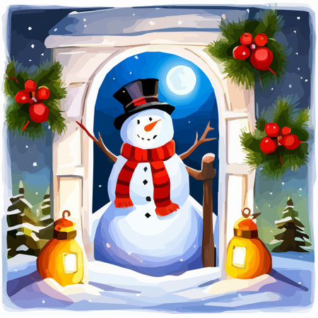 open door in winter and snowman, Christmas greeting card, art Vector illustrationのイラスト素材