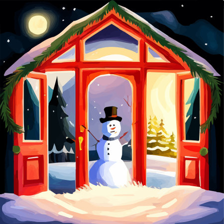Happy Snowman is standing in the door, Merry Christmas, Happy New Year greeting card, Vector illustrationのイラスト素材