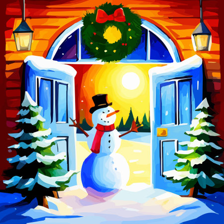 open door in winter and snowman, Christmas greeting card, art Vector illustrationのイラスト素材