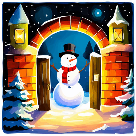 Happy Snowman is standing in the door, Merry Christmas, Happy New Year greeting card, Vector illustrationのイラスト素材
