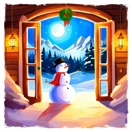 open door in winter and snowman, Christmas greeting card, art Vector illustrationのイラスト素材