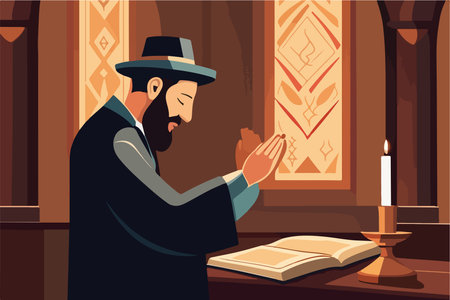 Reading Torah traditional Orthodox Jewish worshiper. Wrapped in tallit and tefillin, in the synagogue The rabbi reads. Vector illustrationのイラスト素材