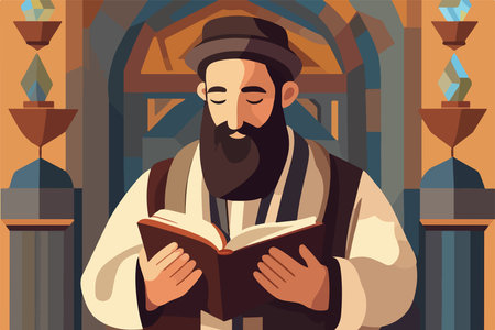 Jew hassid, rabbi in synagogue reads Torah. Vector illustration, Jewish holidays conceptのイラスト素材