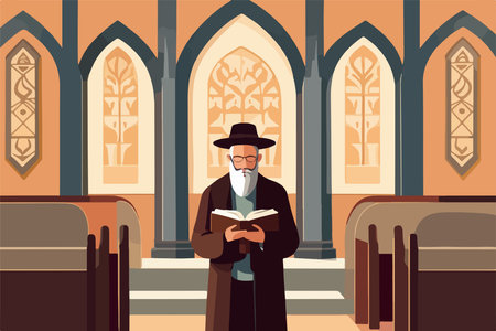 Jew hassid, rabbi in synagogue reads Torah. Vector illustration, Jewish holidays conceptのイラスト素材