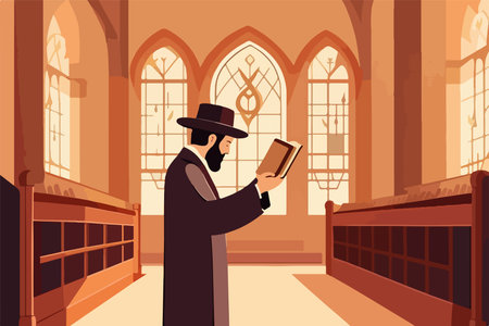 Jew hassid, rabbi in synagogue reads Torah. Vector illustration, Jewish holidays concept