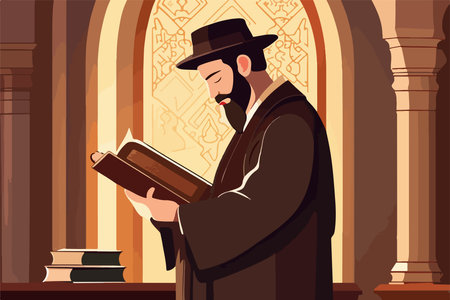 Reading Torah traditional Orthodox Jewish worshiper. Wrapped in tallit and tefillin, in the synagogue The rabbi reads. Vector illustrationのイラスト素材