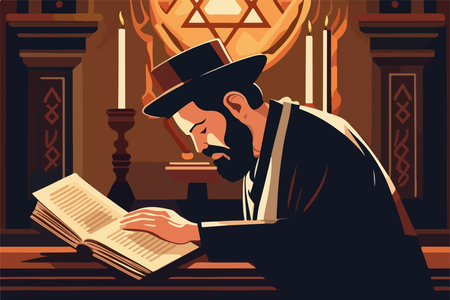 Reading Torah traditional Orthodox Jewish worshiper. Wrapped in tallit and tefillin, in the synagogue The rabbi reads. Vector illustrationのイラスト素材