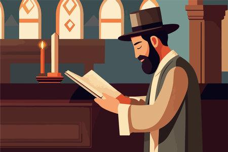 Jewish vector illustration series, jew reading torah in synagogue vector illustrationのイラスト素材