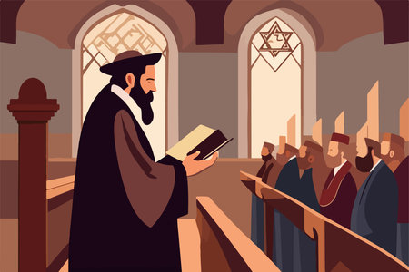 Jewish vector illustration series, jew reading torah in synagogue vector illustrationのイラスト素材