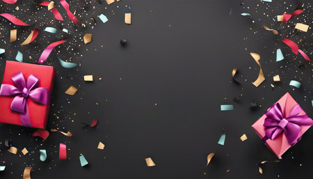 Black Friday limited sale offer. Dark background with colored gift wrappings. Banner, poster, header website. aiの素材