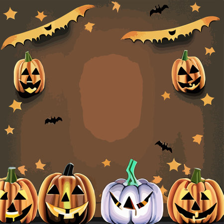 A spooky halloween pumpkin background with bats, vector illustrationのイラスト素材