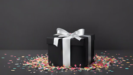 black gift boxes with ribbon and confetti on black background with blank space. new year. Birthday or black friday, holiday conceptの素材