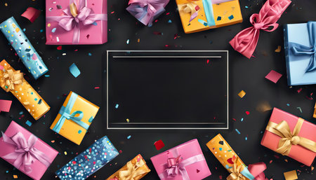 Black Friday limited sale offer. Dark background with colored gift wrappings. Banner, poster, header website. aiの素材